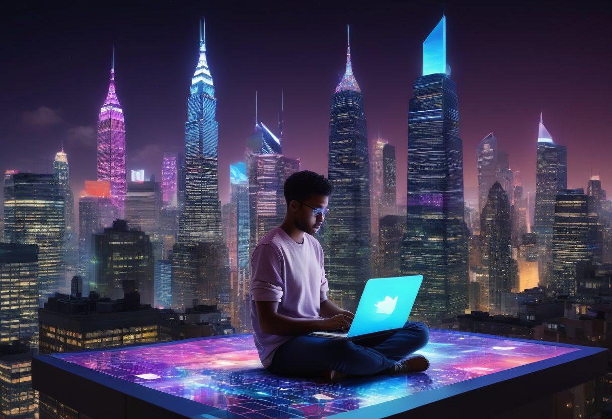 A dynamic scene of a bustling cityscape at night with skyscrapers displaying vibrant digital advertisements, social media icons, and analytics graphs floating in mid-air. A content creator using a laptop on a rooftop, surrounded by holographic marketing tools and trends. Vector art. Vibrant colors.