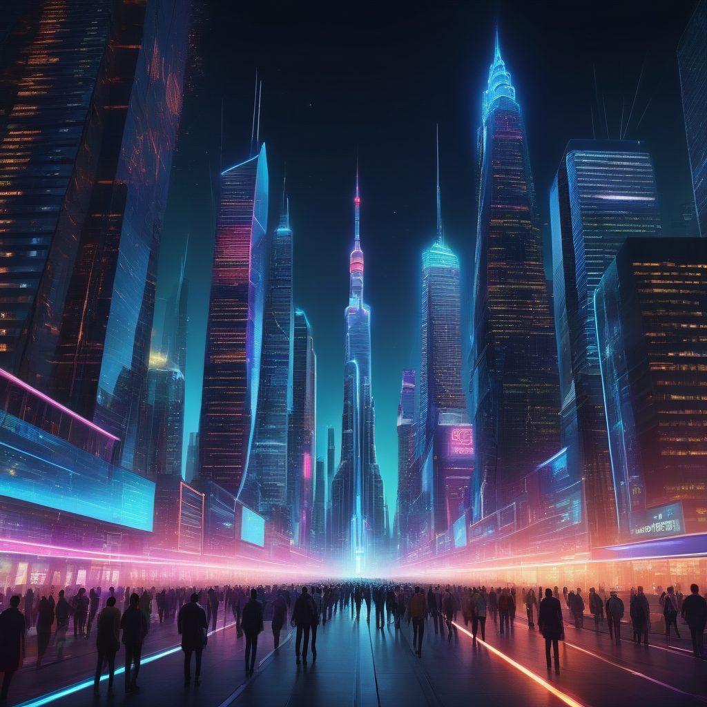 A futuristic digital cityscape with skyscrapers made of computer code and glowing data streams; a diverse group of people working on laptops, smartphones, and tablets; a rocket symbolizing rapid growth and advancement. Neon signs indicating SEO, social media, and web development. panoramic view, vibrant colors, ultra-modern design.